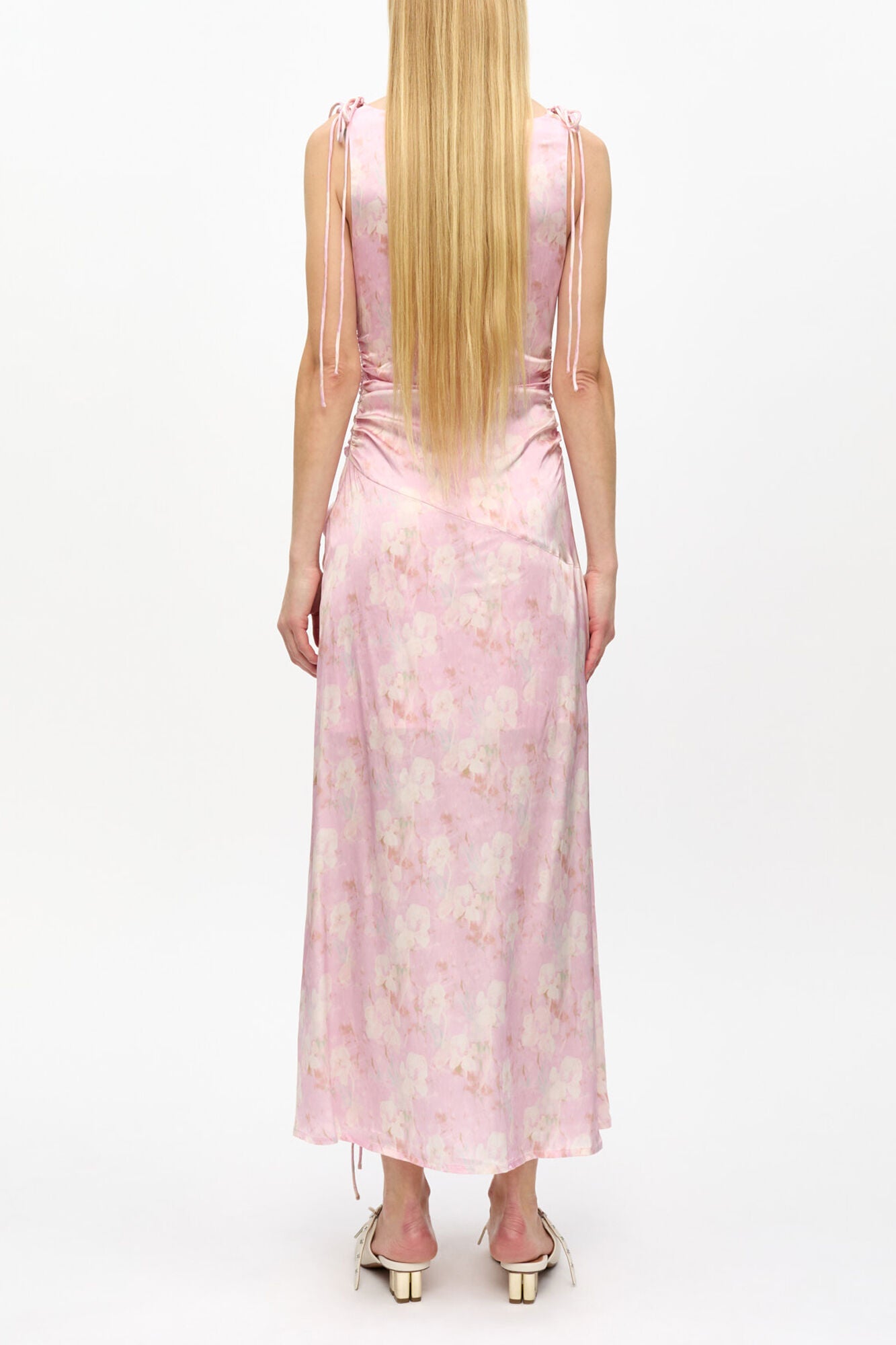Pink Printed Satin Gathered Dress - GANNI