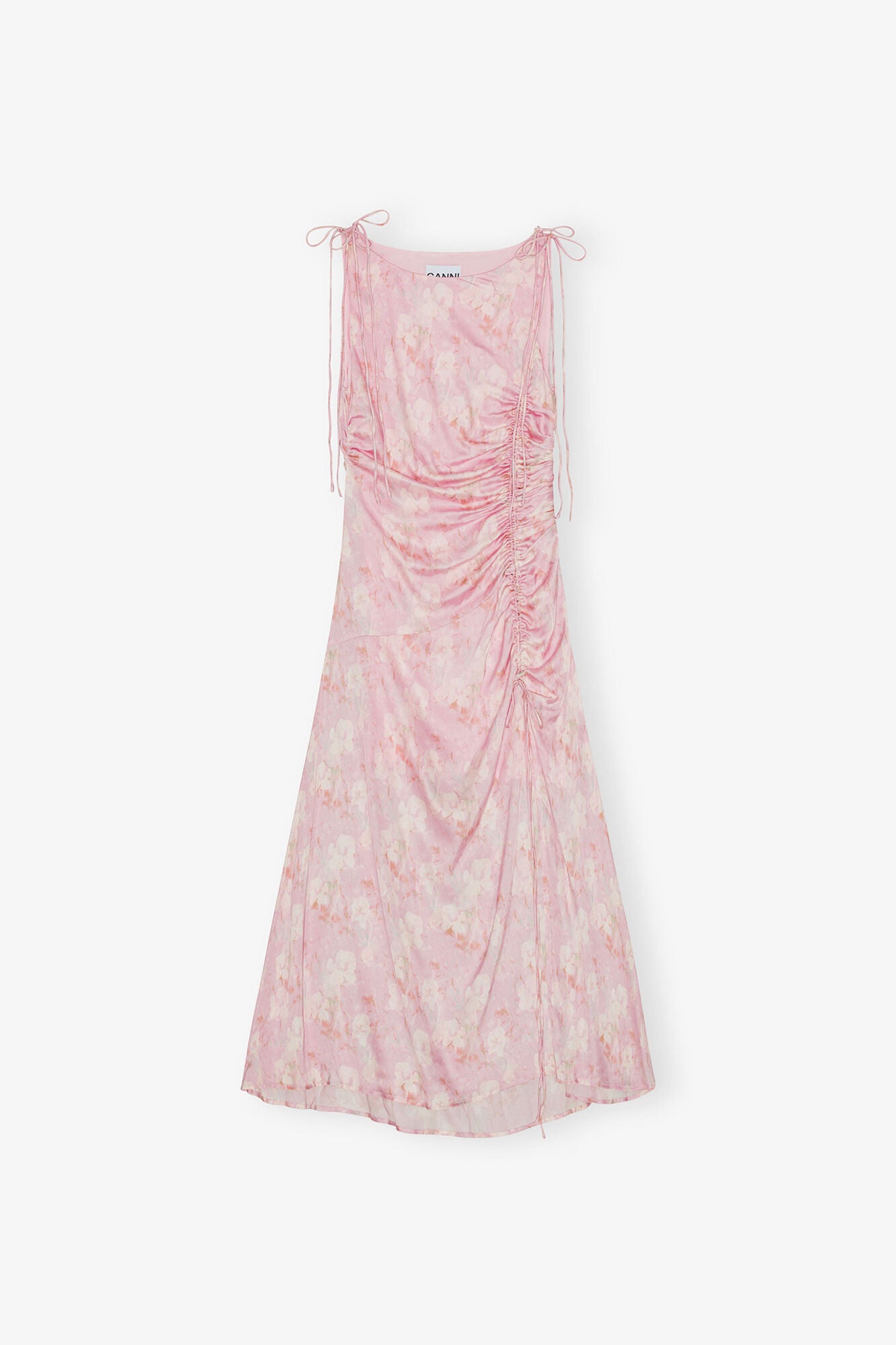 Pink Printed Satin Gathered Dress - GANNI