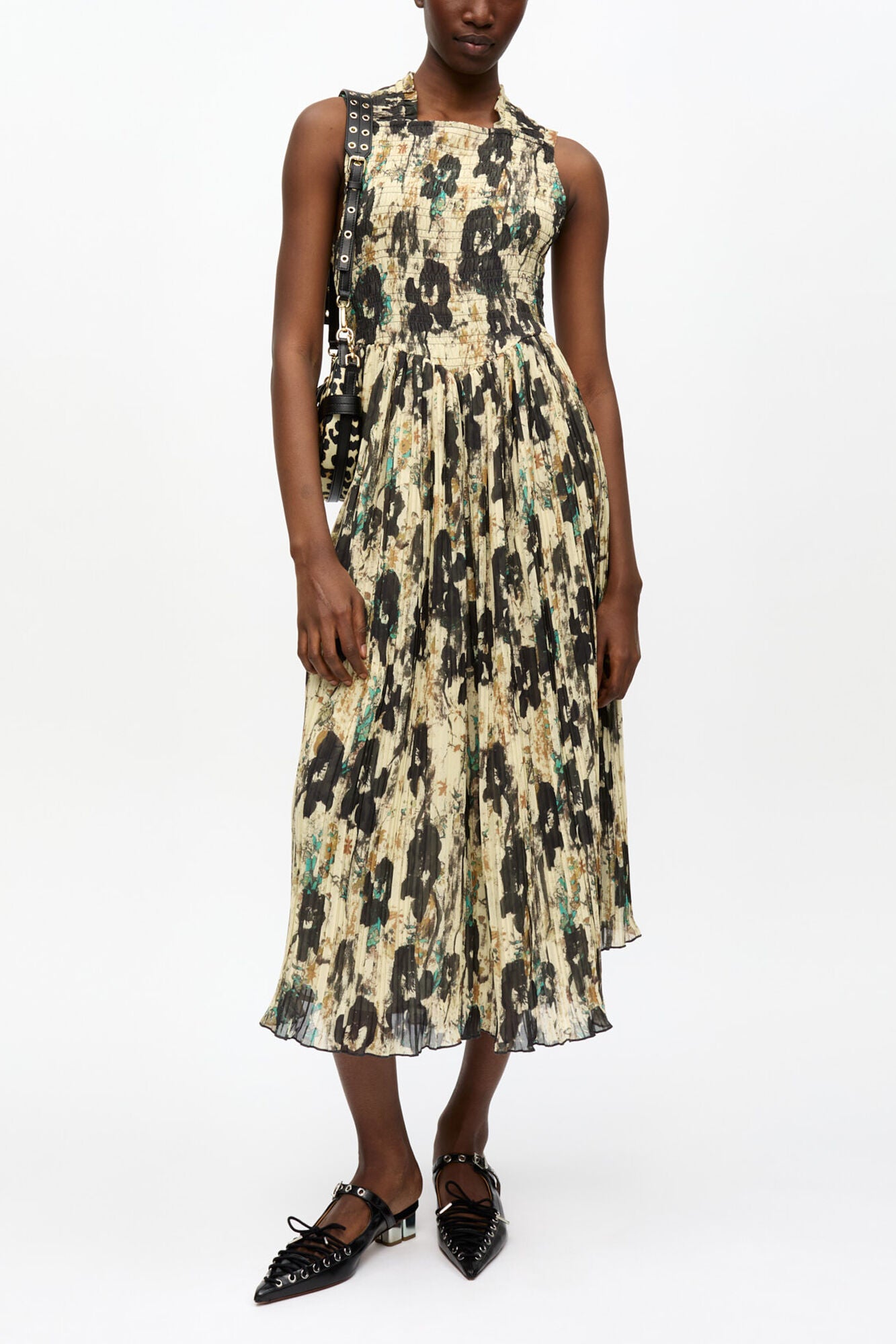 Printed Pleats Smock Midi Straps Dress - GANNI