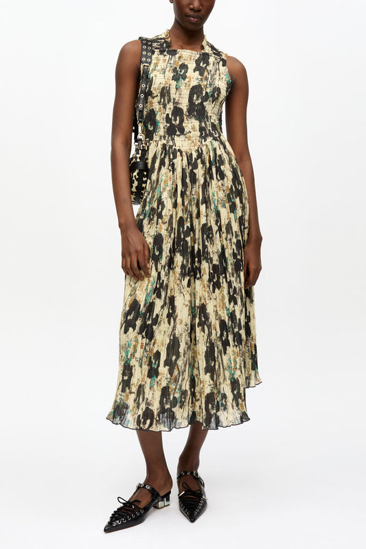 Printed Pleats Smock Midi Straps Dress - GANNI