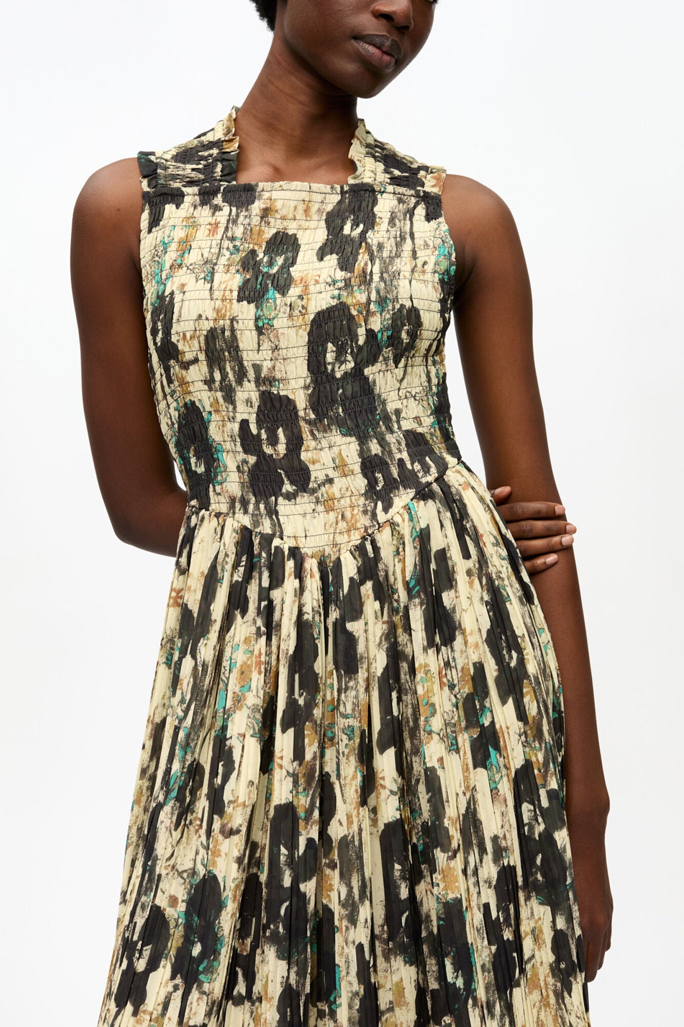 Printed Pleats Smock Midi Straps Dress - GANNI