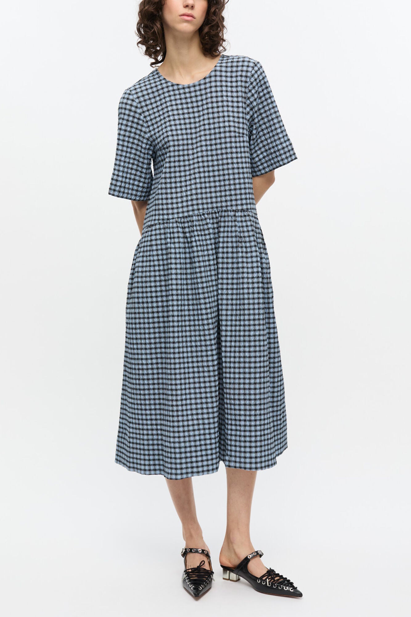 Blue Seersucker Check Midi Dress - GANNI
