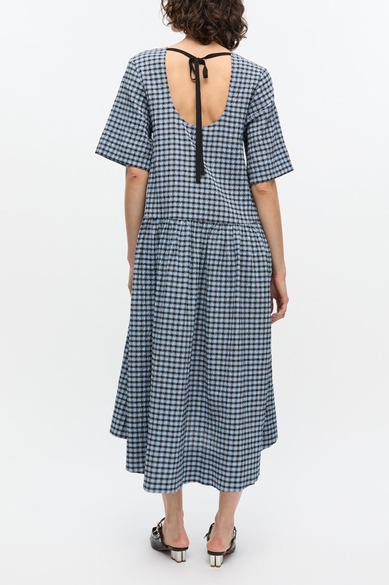 Blue Seersucker Check Midi Dress - GANNI