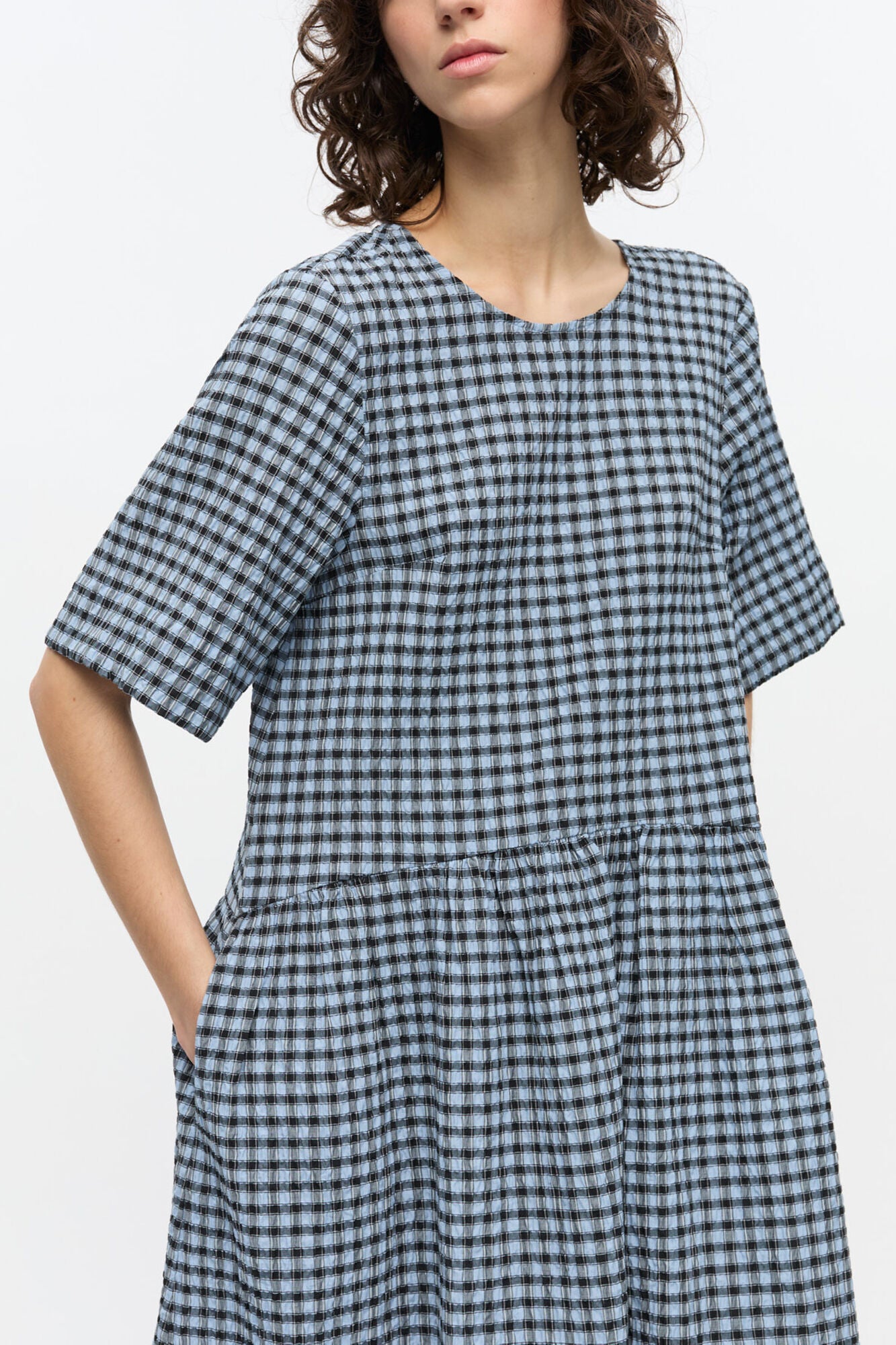 Blue Seersucker Check Midi Dress - GANNI