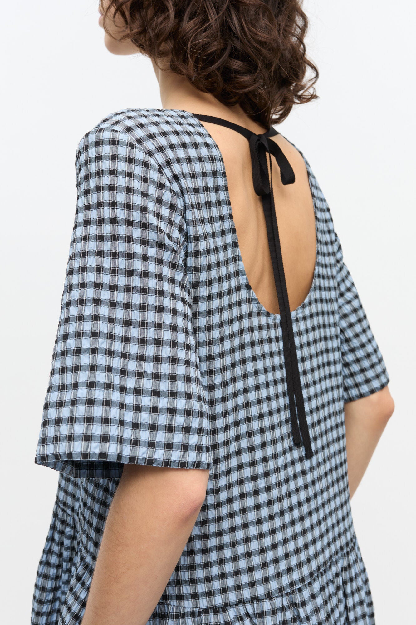 Blue Seersucker Check Midi Dress - GANNI
