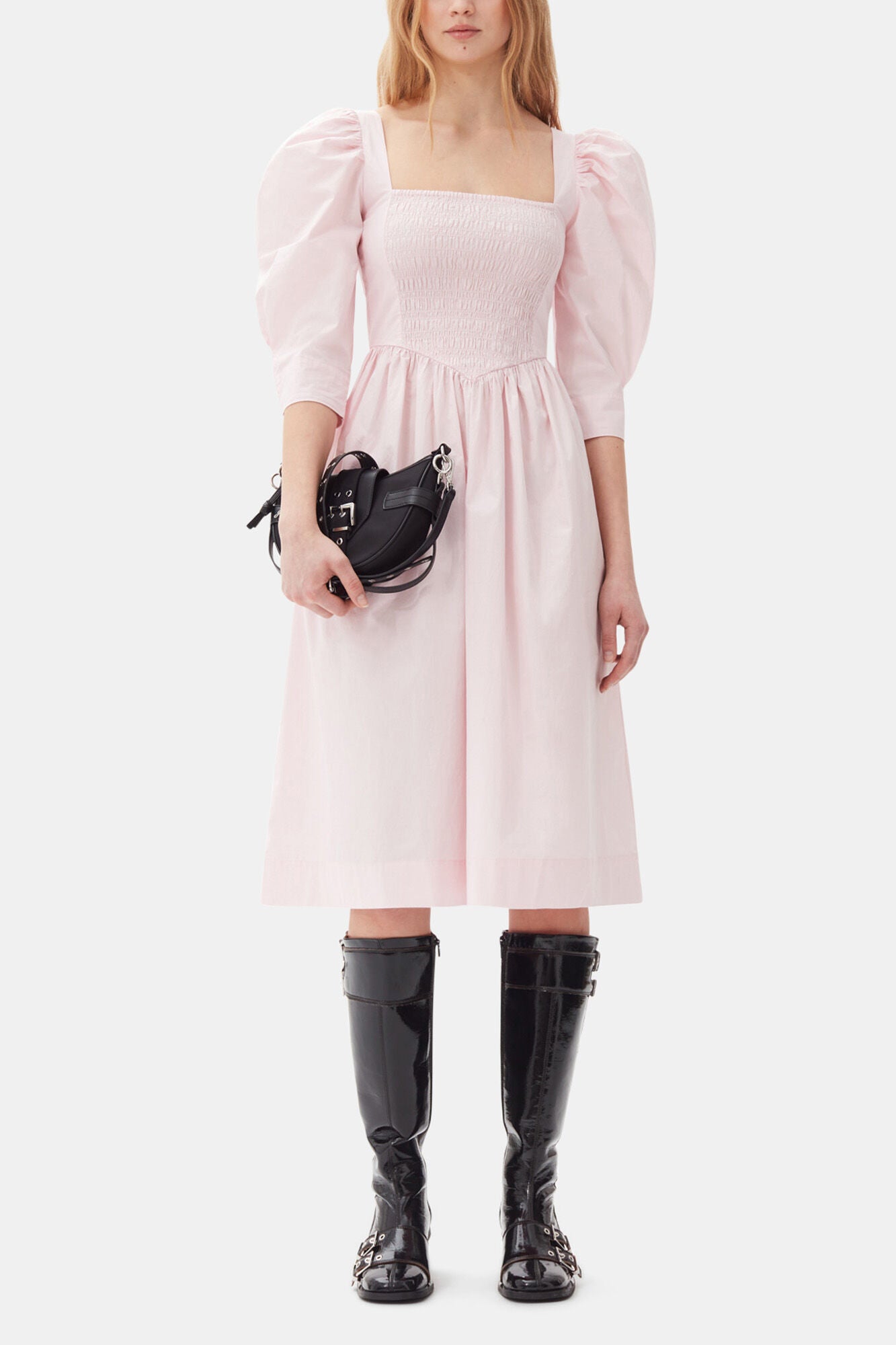 Pink Cotton Poplin Open Neck Smock Dress - GANNI