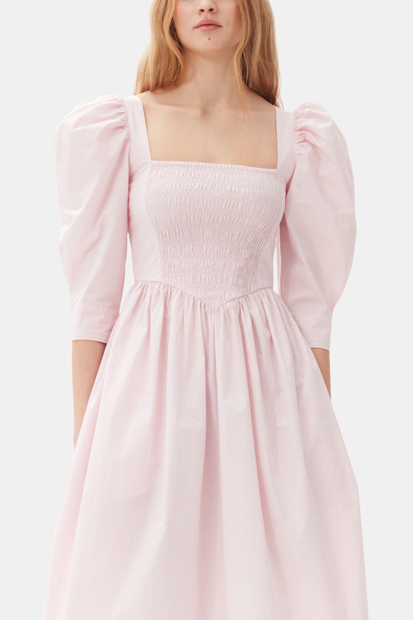 Pink Cotton Poplin Open Neck Smock Dress - GANNI