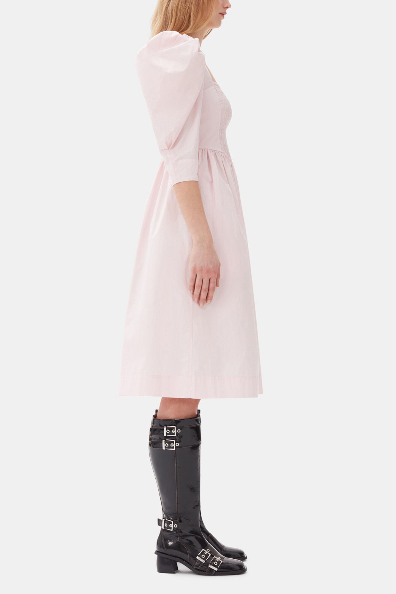 Pink Cotton Poplin Open Neck Smock Dress - GANNI