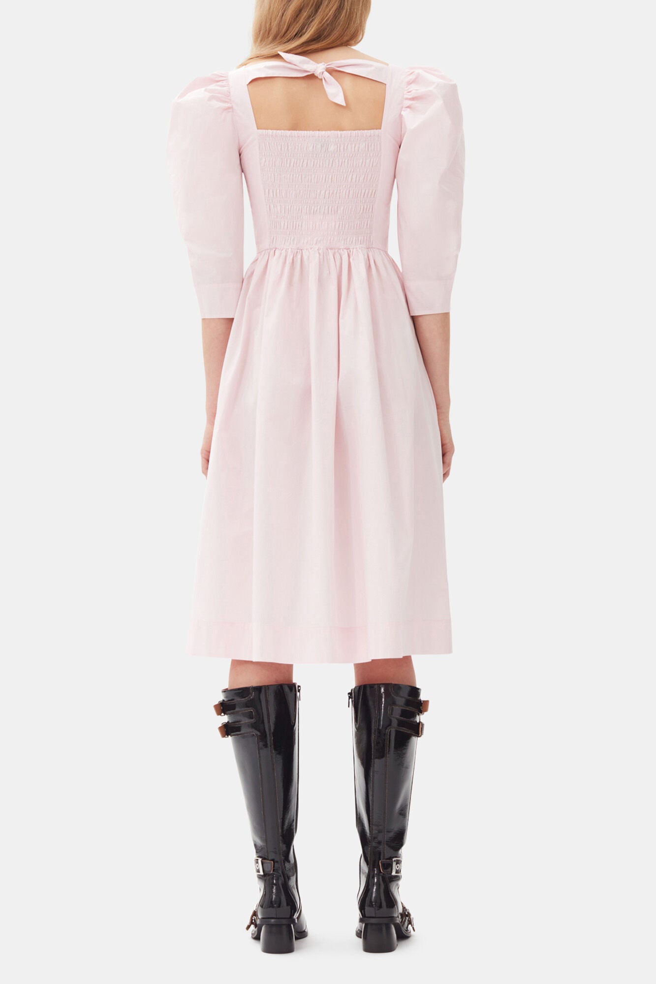 Pink Cotton Poplin Open Neck Smock Dress - GANNI