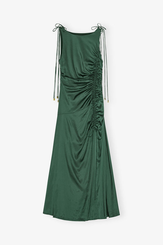 Green Satin Gathered Dress - GANNI