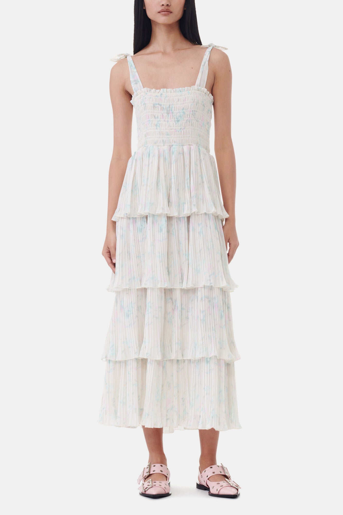 Floral Printed Pleated Georgette Strap Smock Midi Dress - GANNI