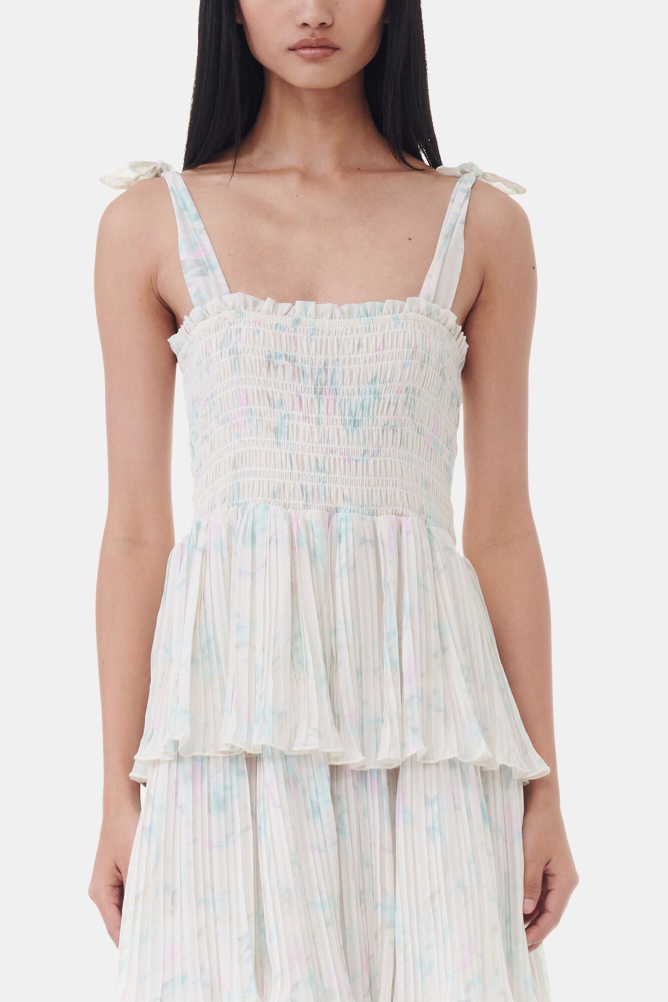 Floral Printed Pleated Georgette Strap Smock Midi Dress - GANNI