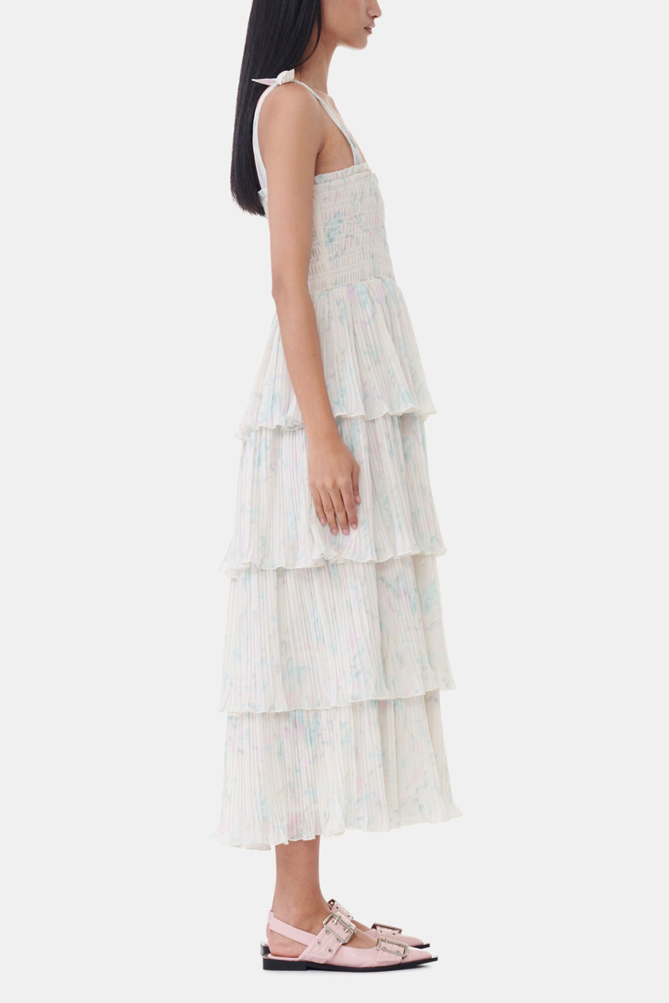 Floral Printed Pleated Georgette Strap Smock Midi Dress - GANNI