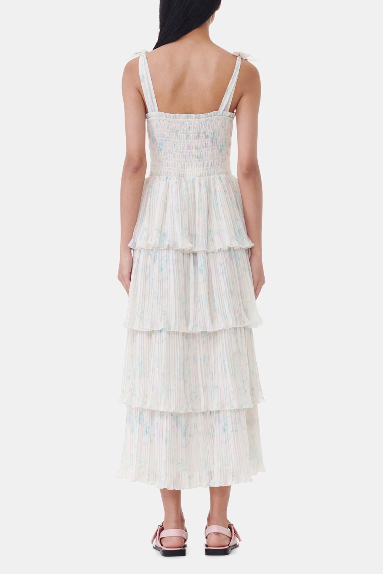 Floral Printed Pleated Georgette Strap Smock Midi Dress - GANNI