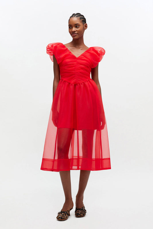 Red Organza Ruched Dress - GANNI