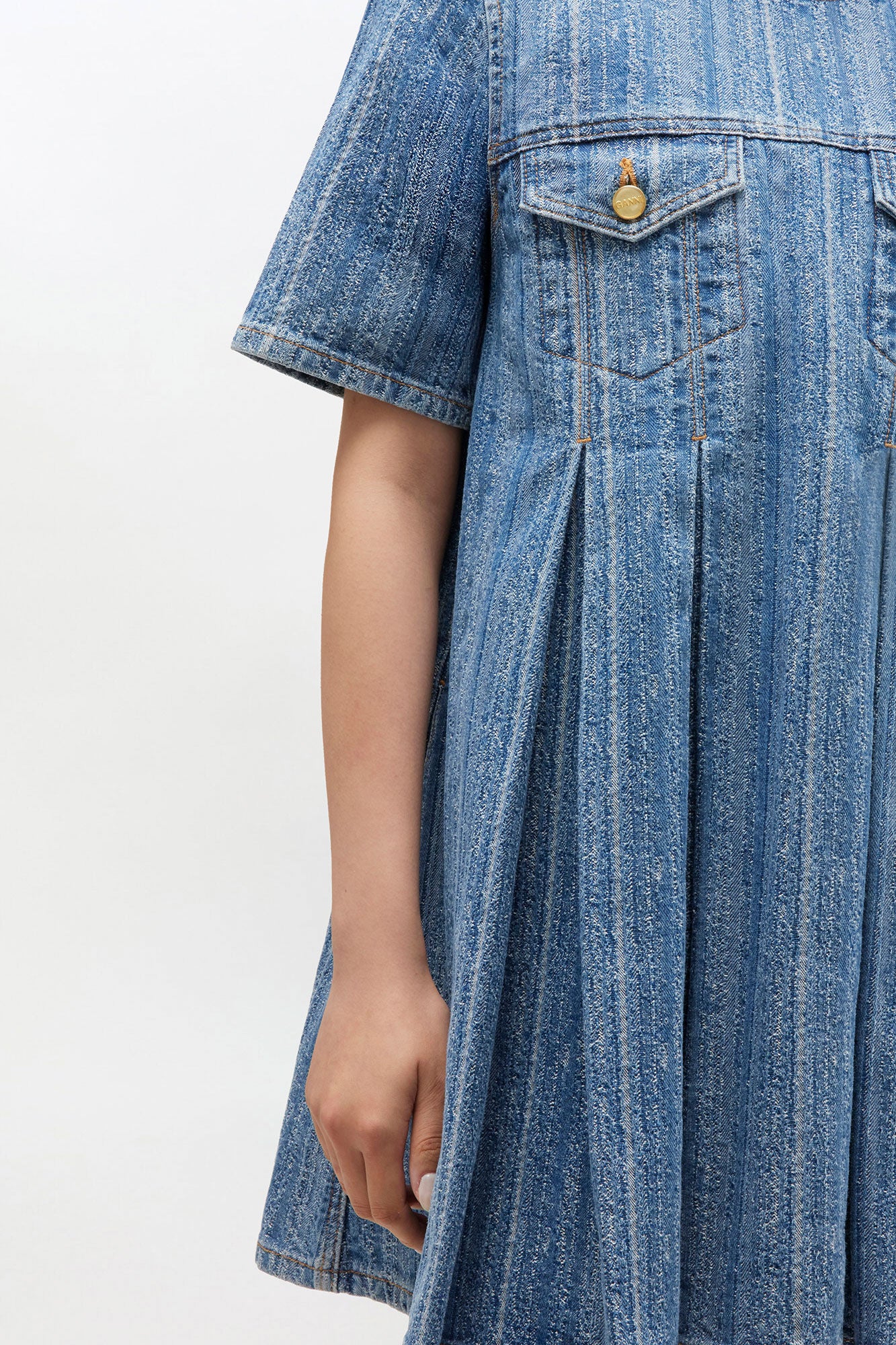 Striped Denim Pleated Dress - GANNI