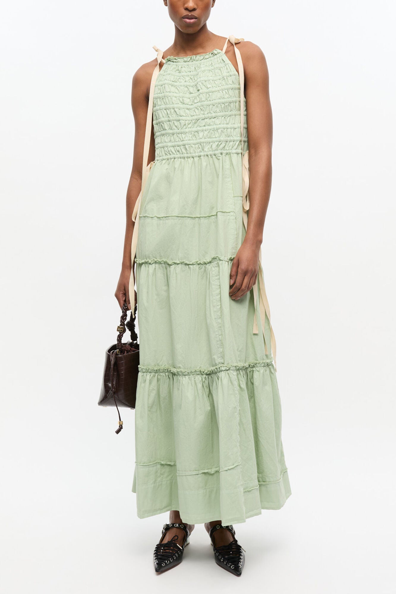 Light Green Smocked Tiered Dress - GANNI