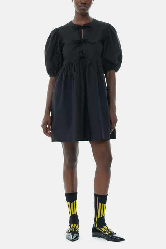 Black Cotton Poplin Tie String Mini Dress - GANNI