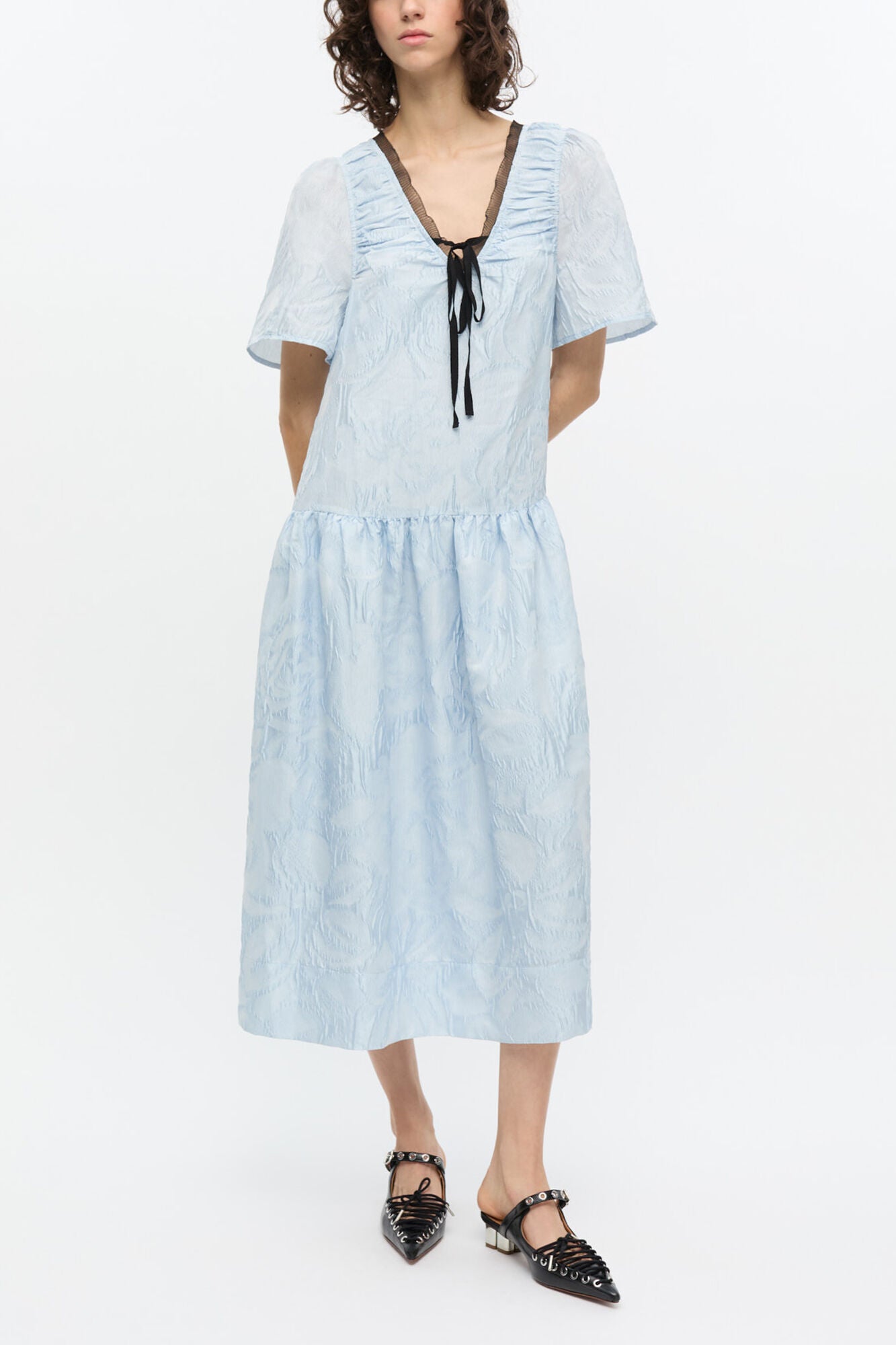 Blue Textured Cloque Midi Dress - GANNI