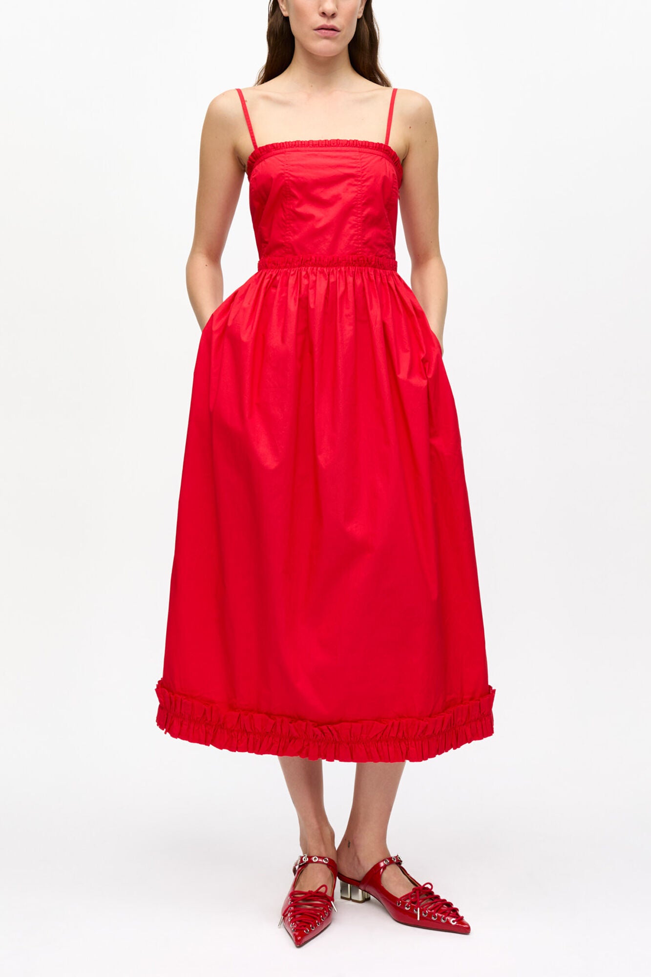 Red Cotton Poplin Strap Dress - GANNI