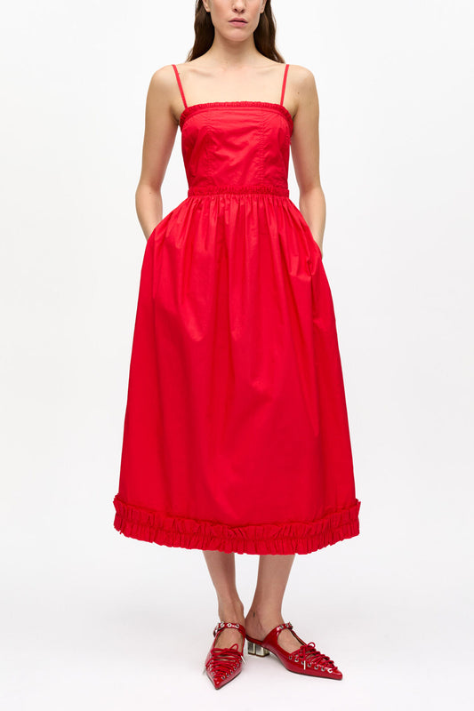 Red Cotton Poplin Strap Dress - GANNI