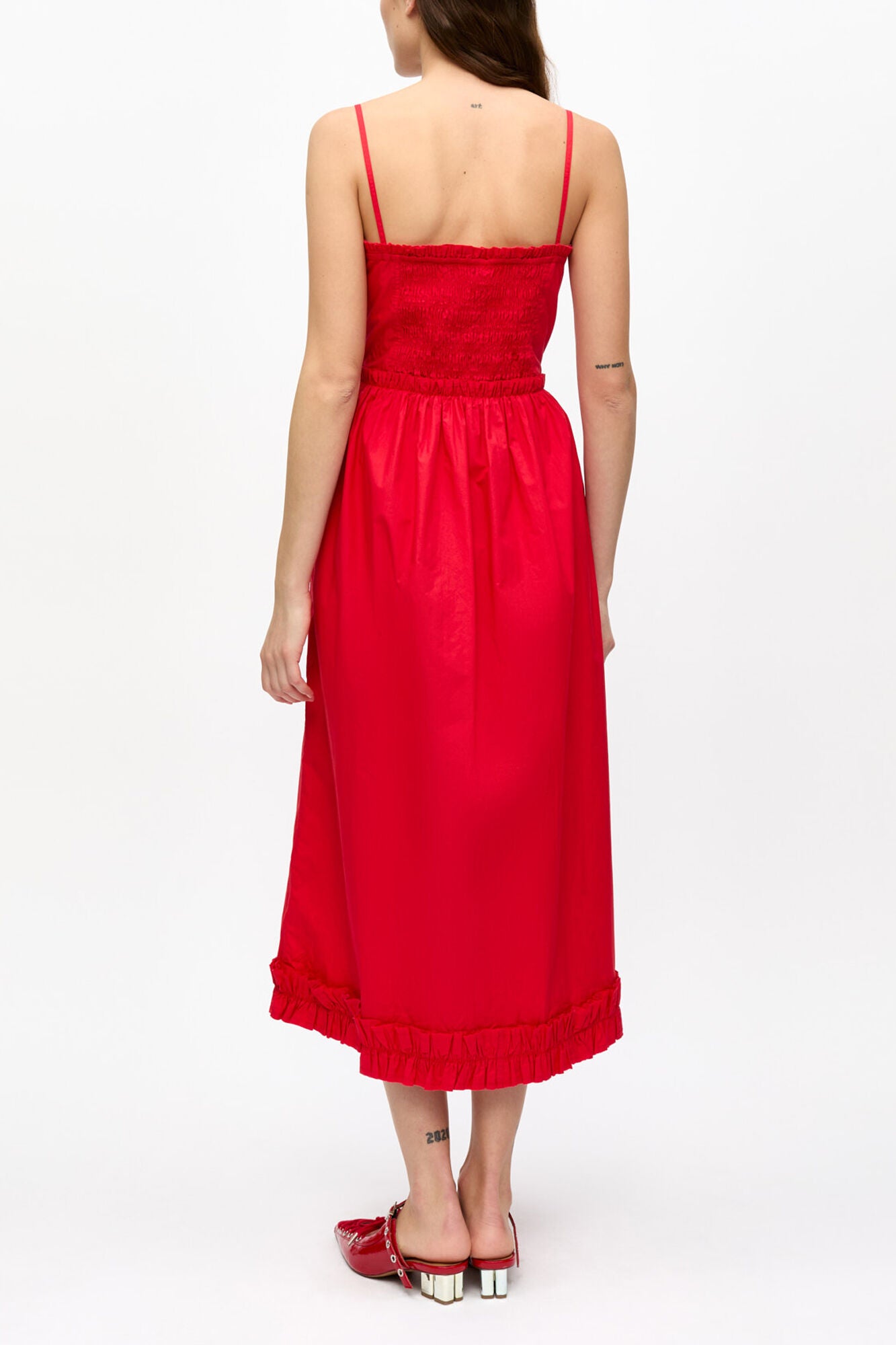 Red Cotton Poplin Strap Dress - GANNI