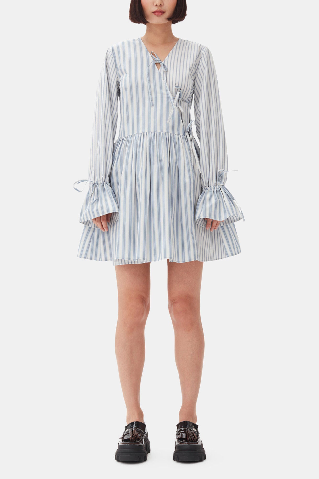 Blue Stripe Cotton Mini Wrap Dress - GANNI