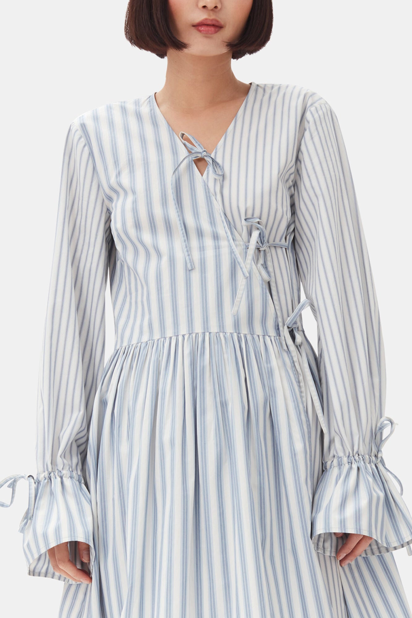 Blue Stripe Cotton Mini Wrap Dress - GANNI