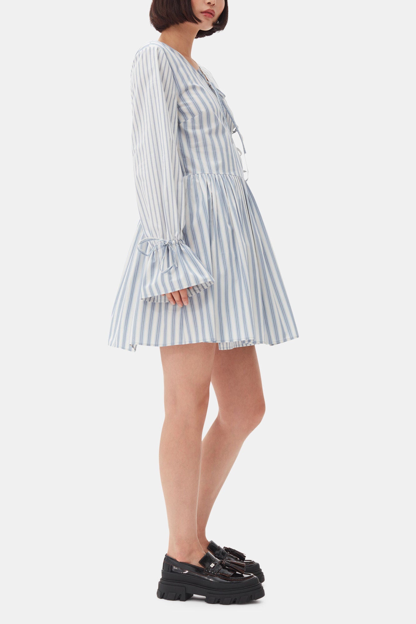 Blue Stripe Cotton Mini Wrap Dress - GANNI