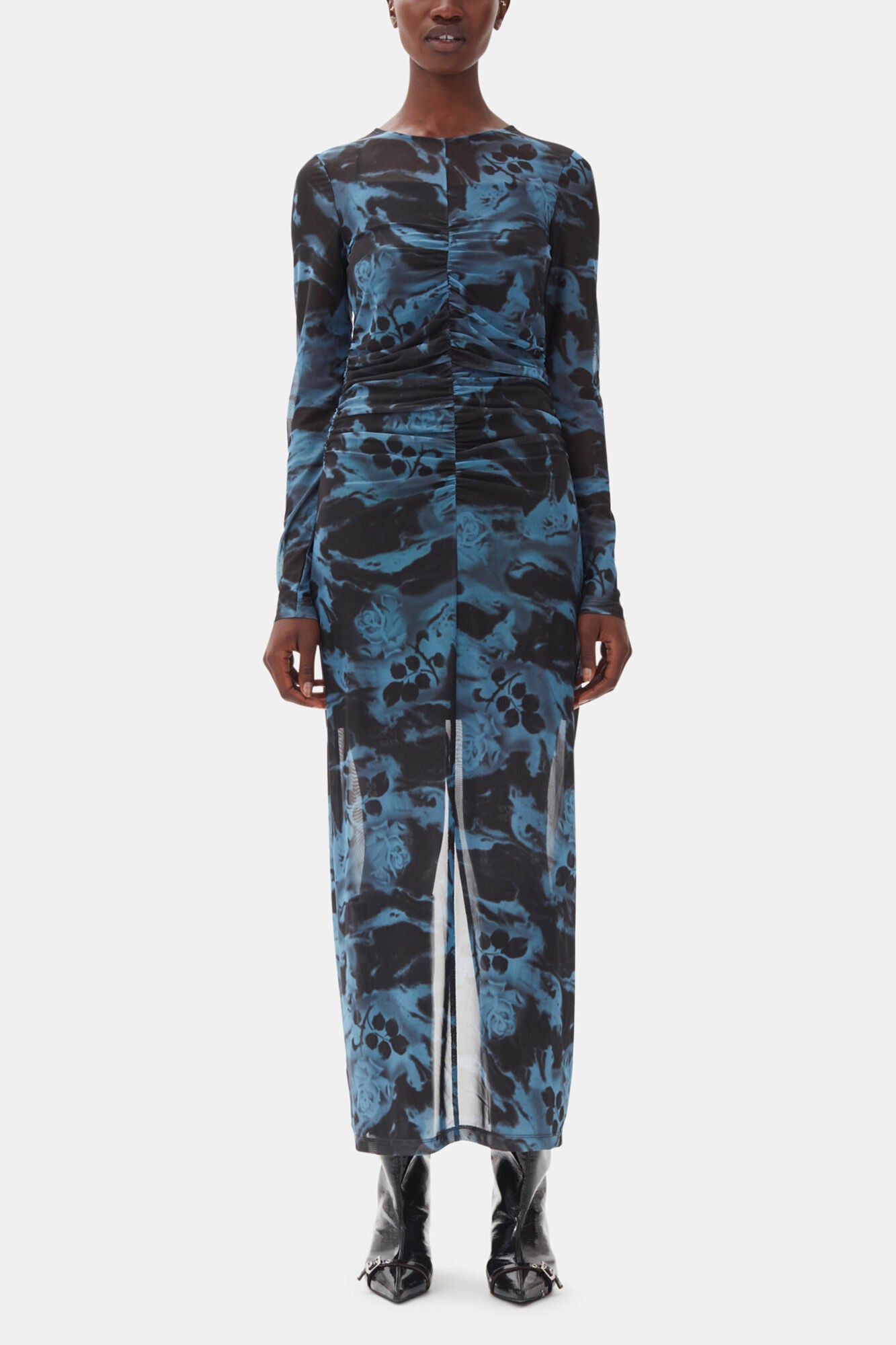 Blue Printed Mesh O-neck Ruched Long Dress - GANNI