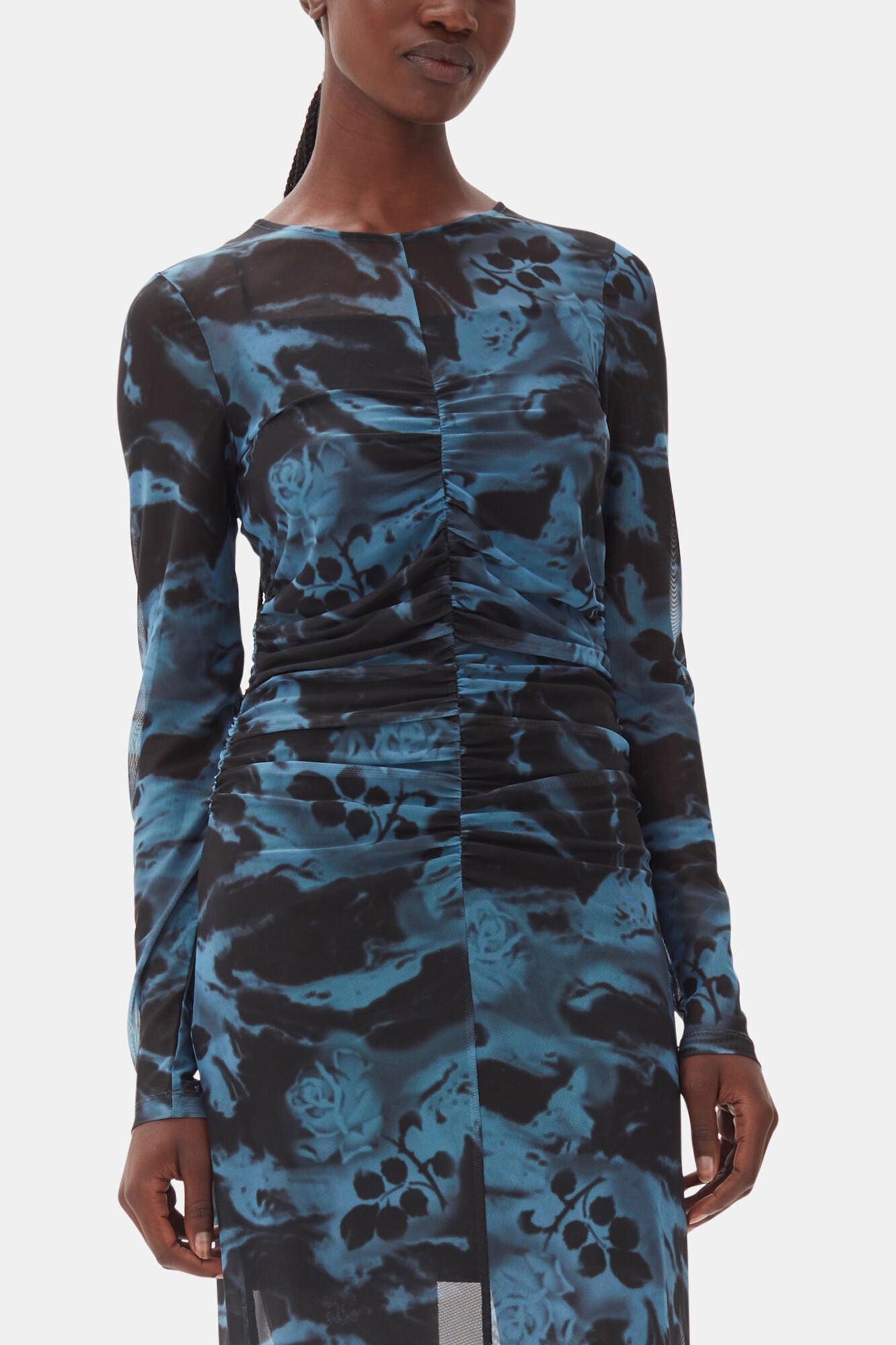 Blue Printed Mesh O-neck Ruched Long Dress - GANNI