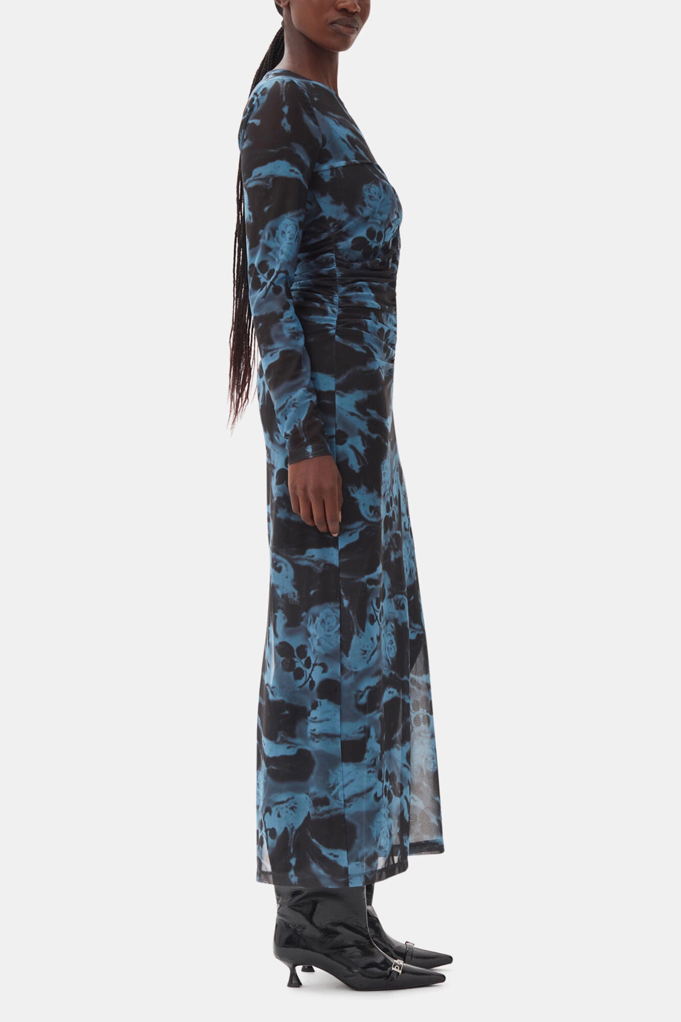 Blue Printed Mesh O-neck Ruched Long Dress - GANNI