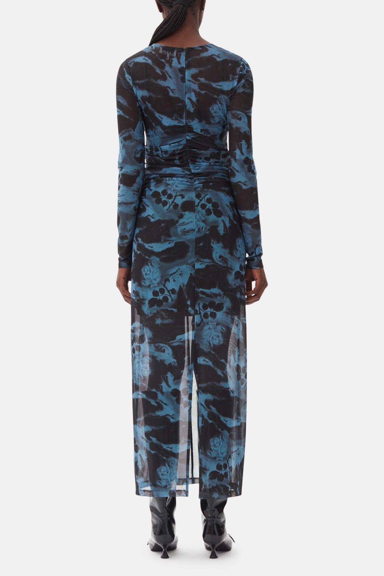 Blue Printed Mesh O-neck Ruched Long Dress - GANNI