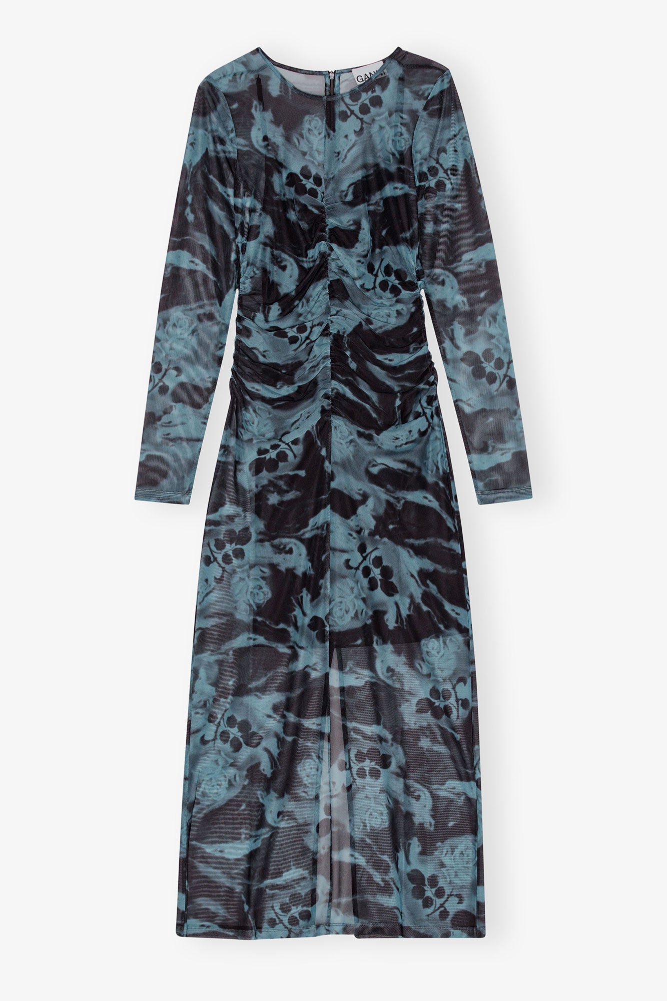 Blue Printed Mesh O-neck Ruched Long Dress - GANNI