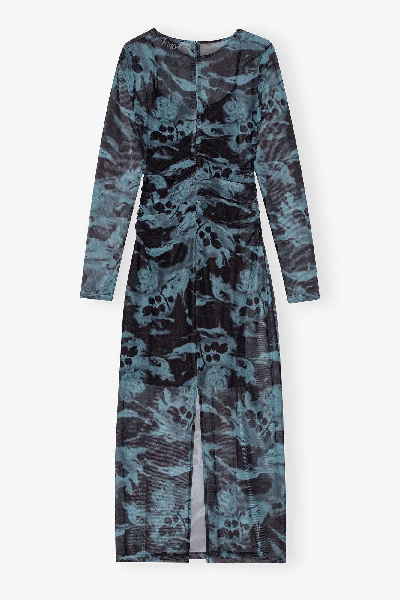 Blue Printed Mesh O-neck Ruched Long Dress - GANNI