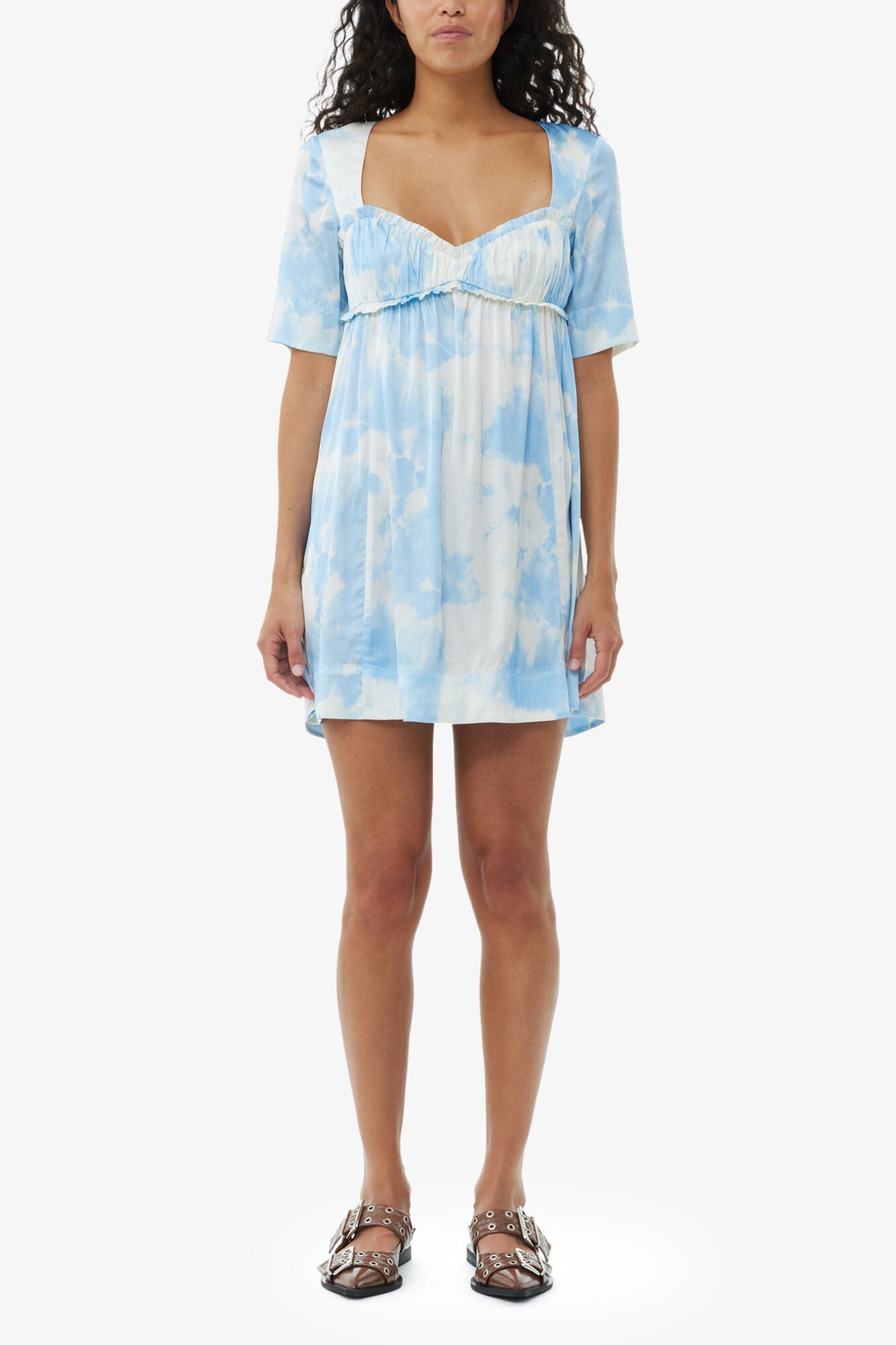 Printed Satin Short Sleeve Mini Dress - GANNI