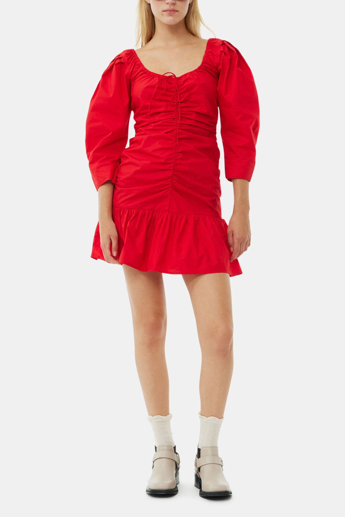 Red Cotton Poplin Gathered U-neck Mini Dress - GANNI