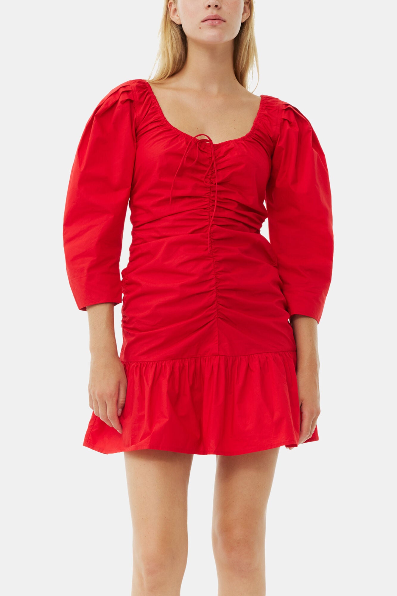 Red Cotton Poplin Gathered U-neck Mini Dress - GANNI