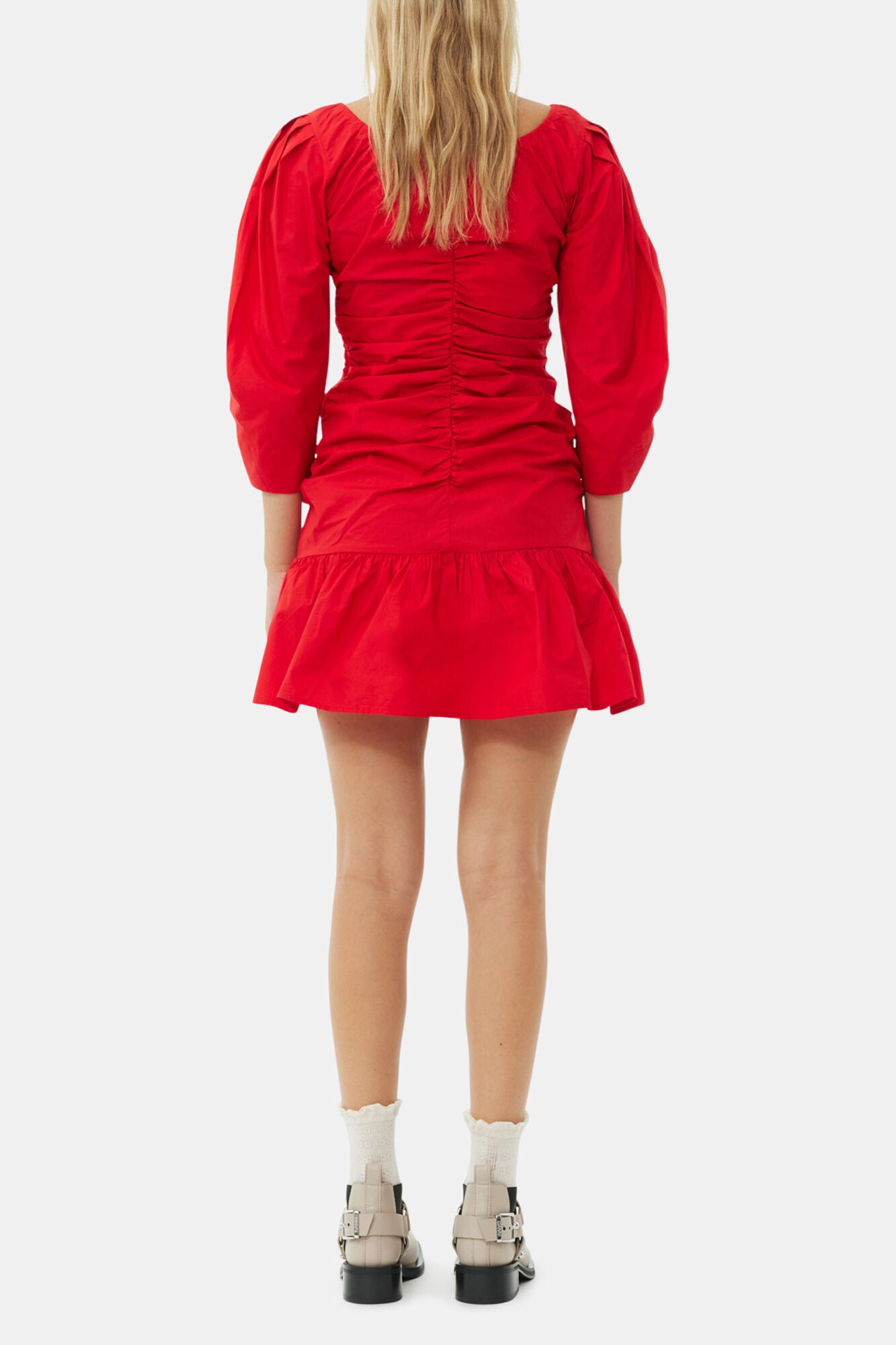 Red Cotton Poplin Gathered U-neck Mini Dress - GANNI