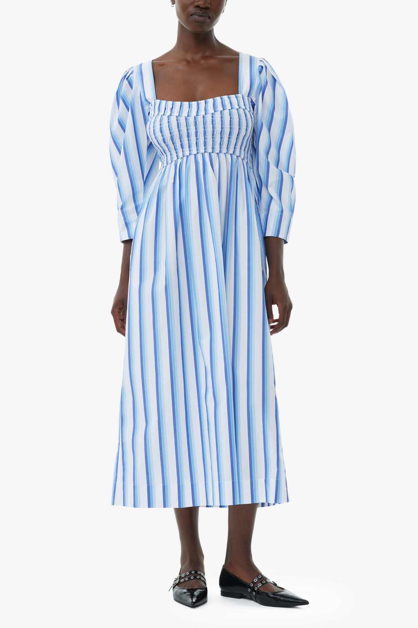 Blue Striped Cotton Smock Long Dress - GANNI