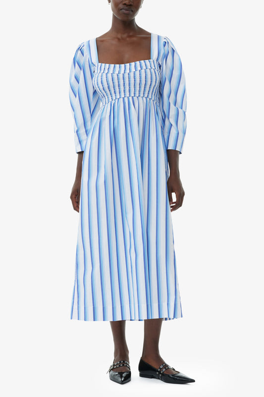 Blue Striped Cotton Smock Long Dress - GANNI