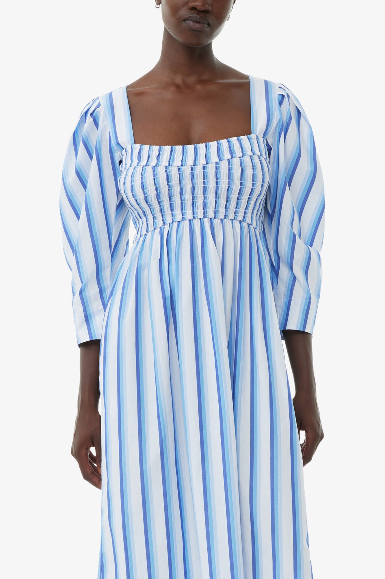 Blue Striped Cotton Smock Long Dress - GANNI