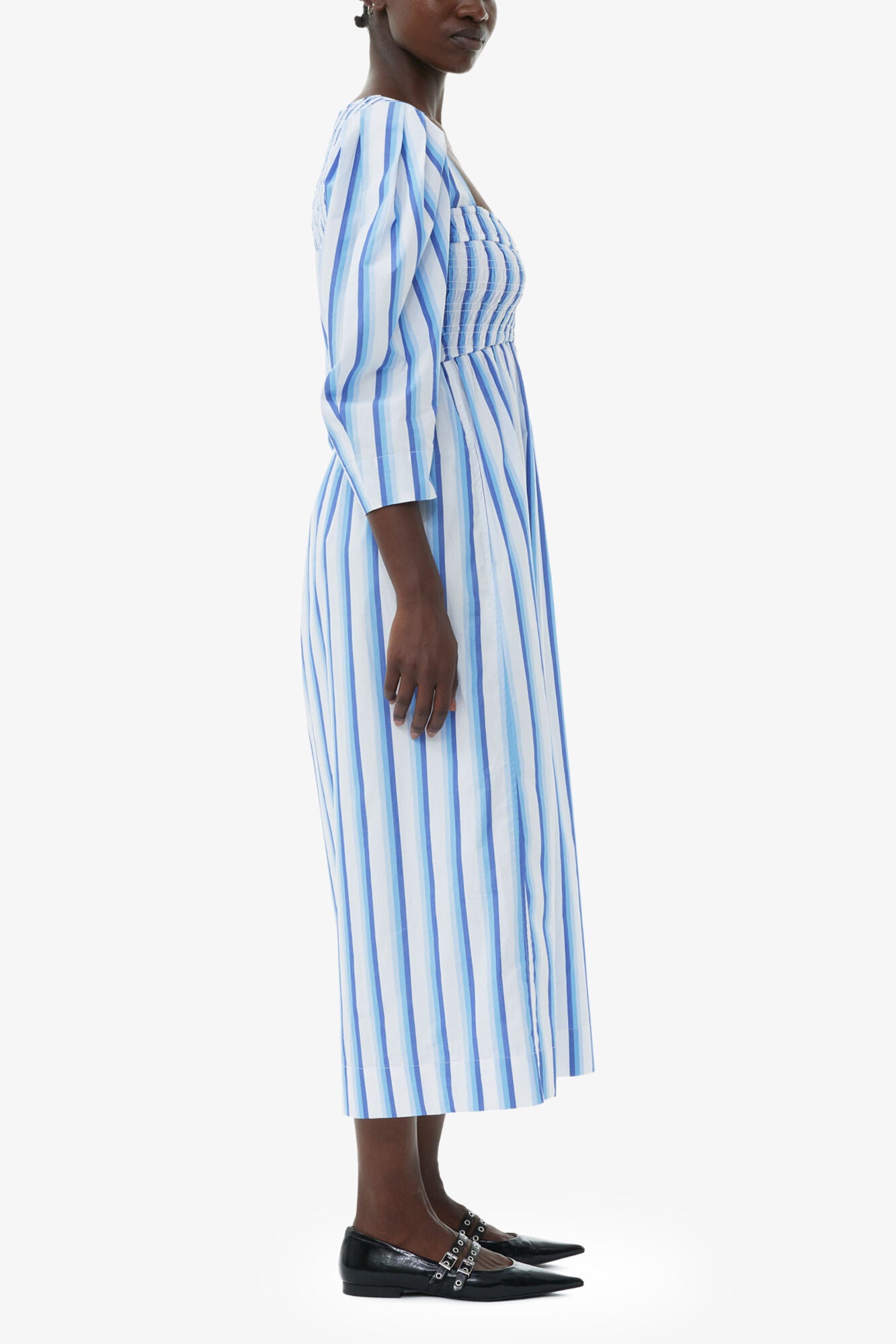 Blue Striped Cotton Smock Long Dress - GANNI