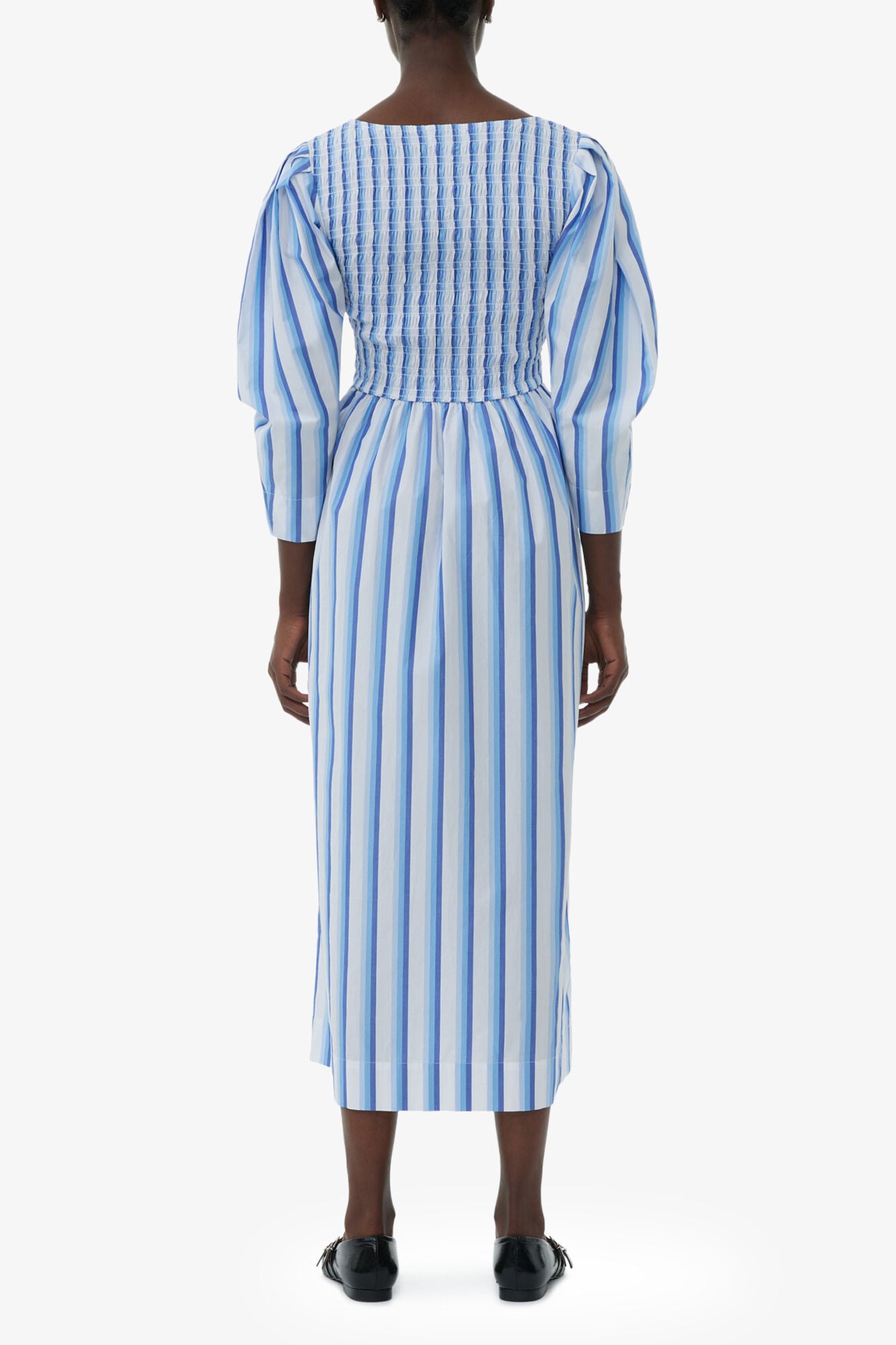 Blue Striped Cotton Smock Long Dress - GANNI