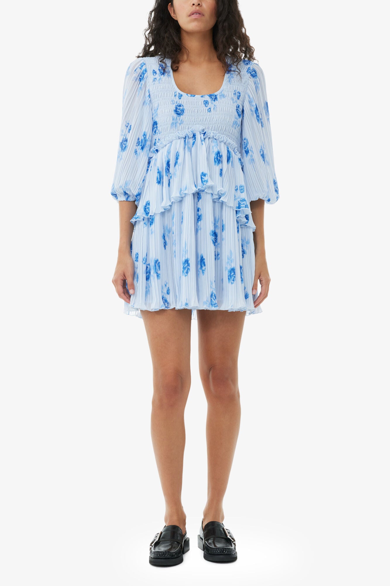 Blue Pleated Georgette Flounce Smock Mini Dress - GANNI