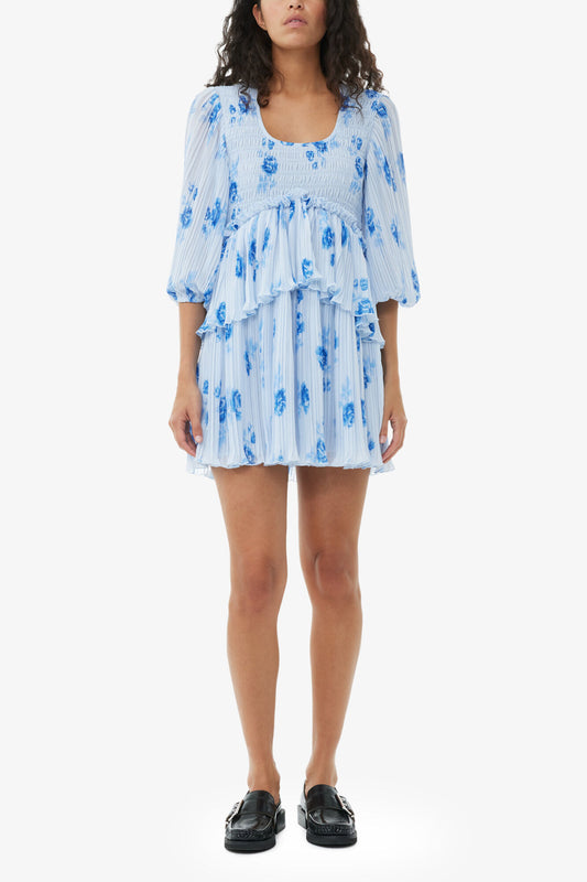 Blue Pleated Georgette Flounce Smock Mini Dress - GANNI