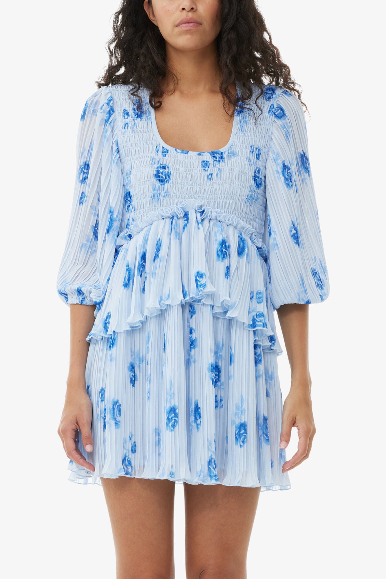 Blue Pleated Georgette Flounce Smock Mini Dress - GANNI