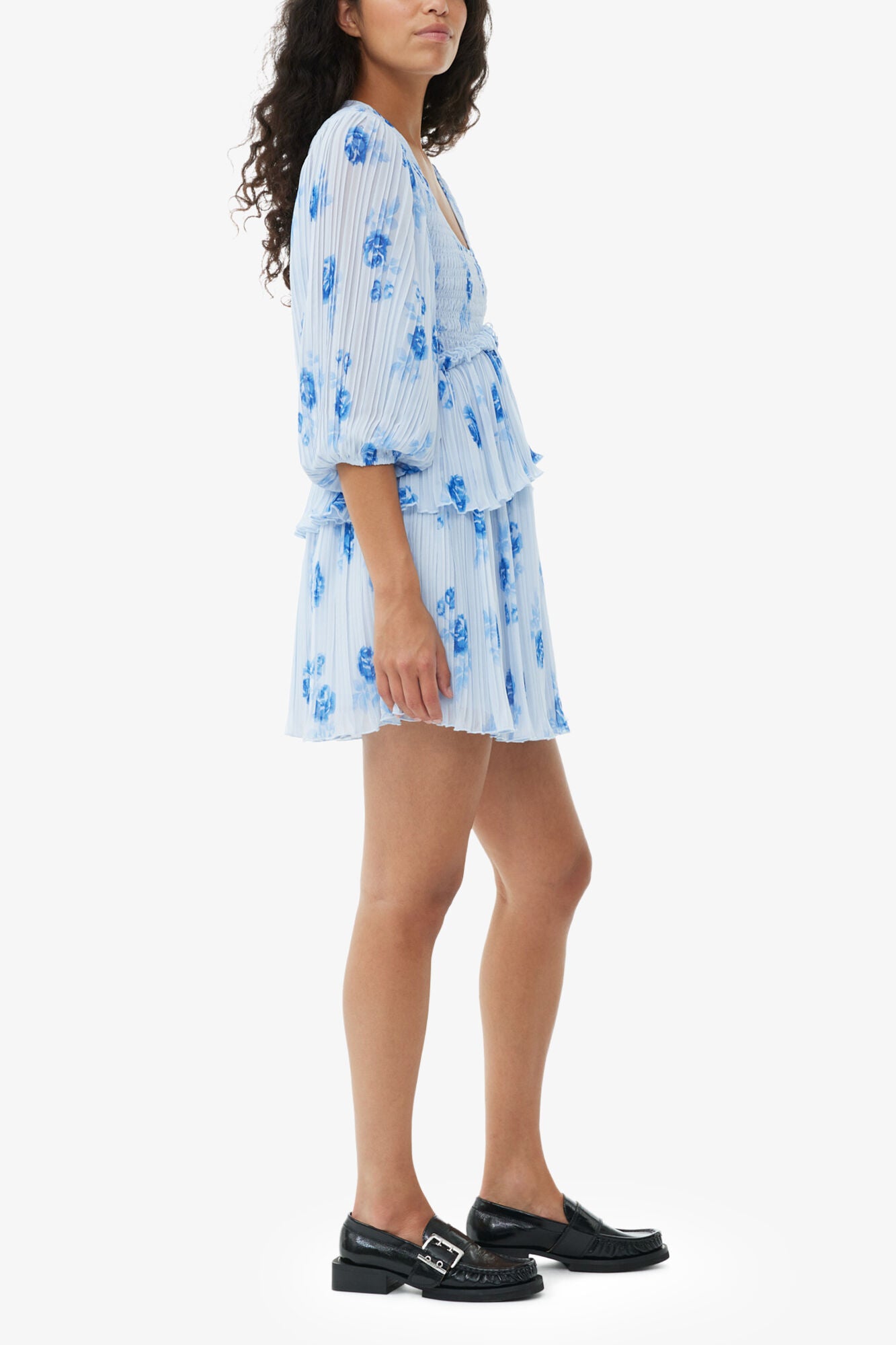 Blue Pleated Georgette Flounce Smock Mini Dress - GANNI