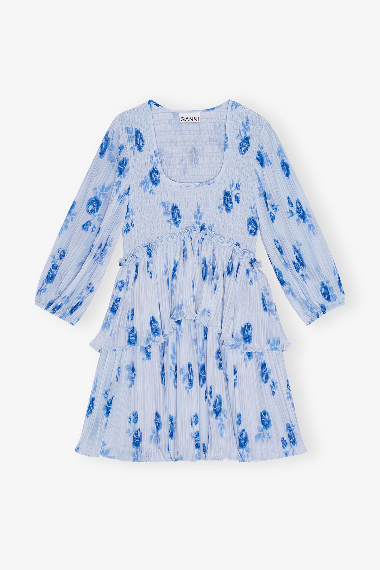 Blue Pleated Georgette Flounce Smock Mini Dress - GANNI