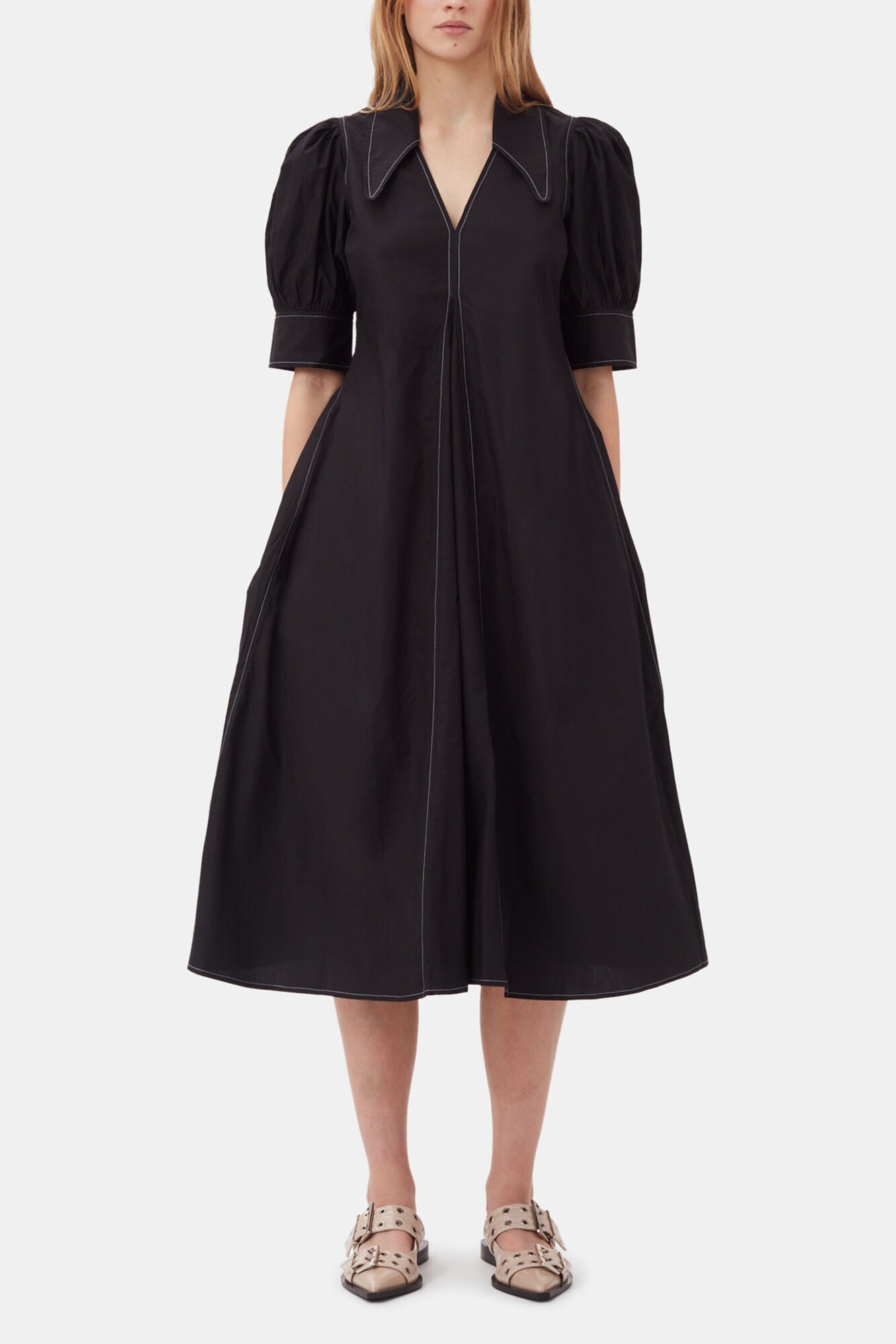 Cotton Poplin V-Neck Midi Dress - GANNI